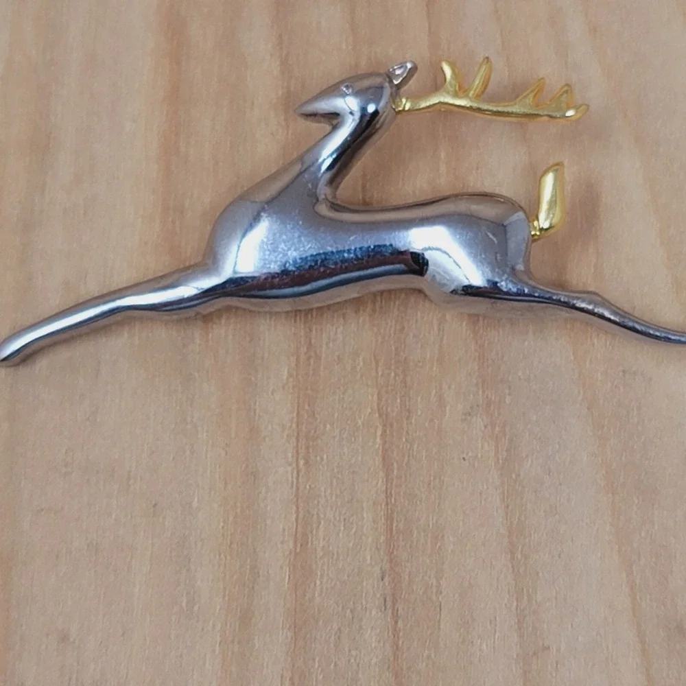 Vintage Liz Claiborne Leaping Reindeer Brooch Two Tone Christmas Holiday
